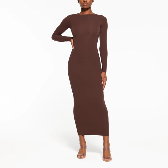 SKIMS Dresses & Skirts - NWT Skims Fits Everybody Crew Neck Long Sleeve Dress Cocoa Brown Sold Out